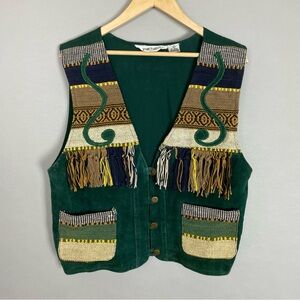 Vintage Vest Suede‎ Woven Green Leather Women Size Large Southwestern Fringe